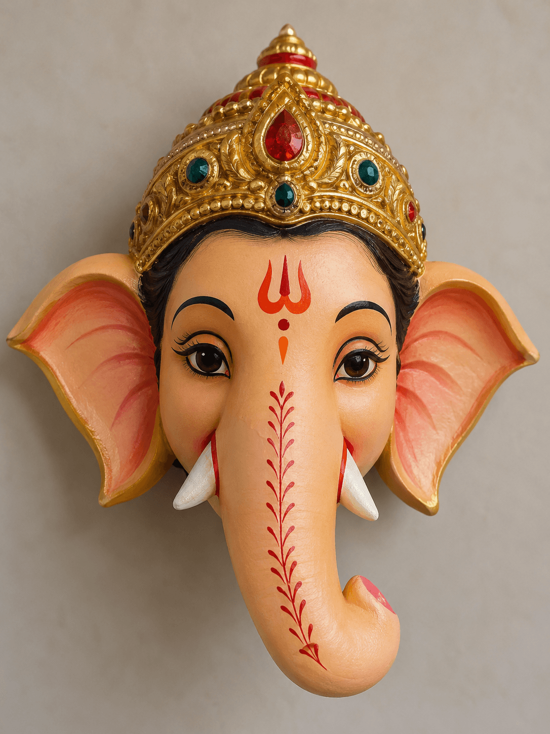 Painted Bal Ganesh face mask with a jewelled gold crown, pink ears and a red-patterned trunk