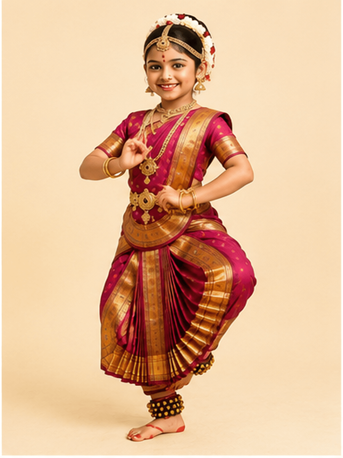 Girl in a magenta and gold Bharatanatyam costume with temple jewellery, jasmine in her hair and ankle ghungroo, in a classical mudra pose