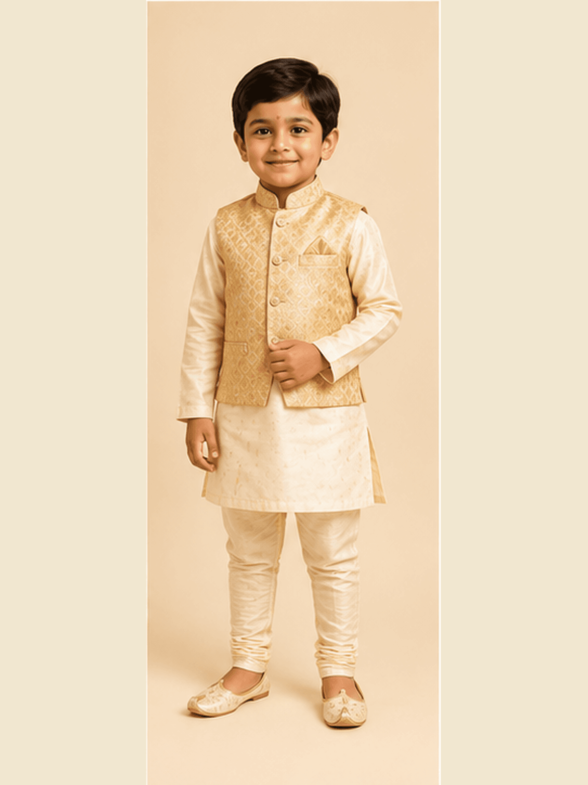 Boy in an ivory silk kurta with a gold brocade Nehru jacket, churidar and embroidered mojari