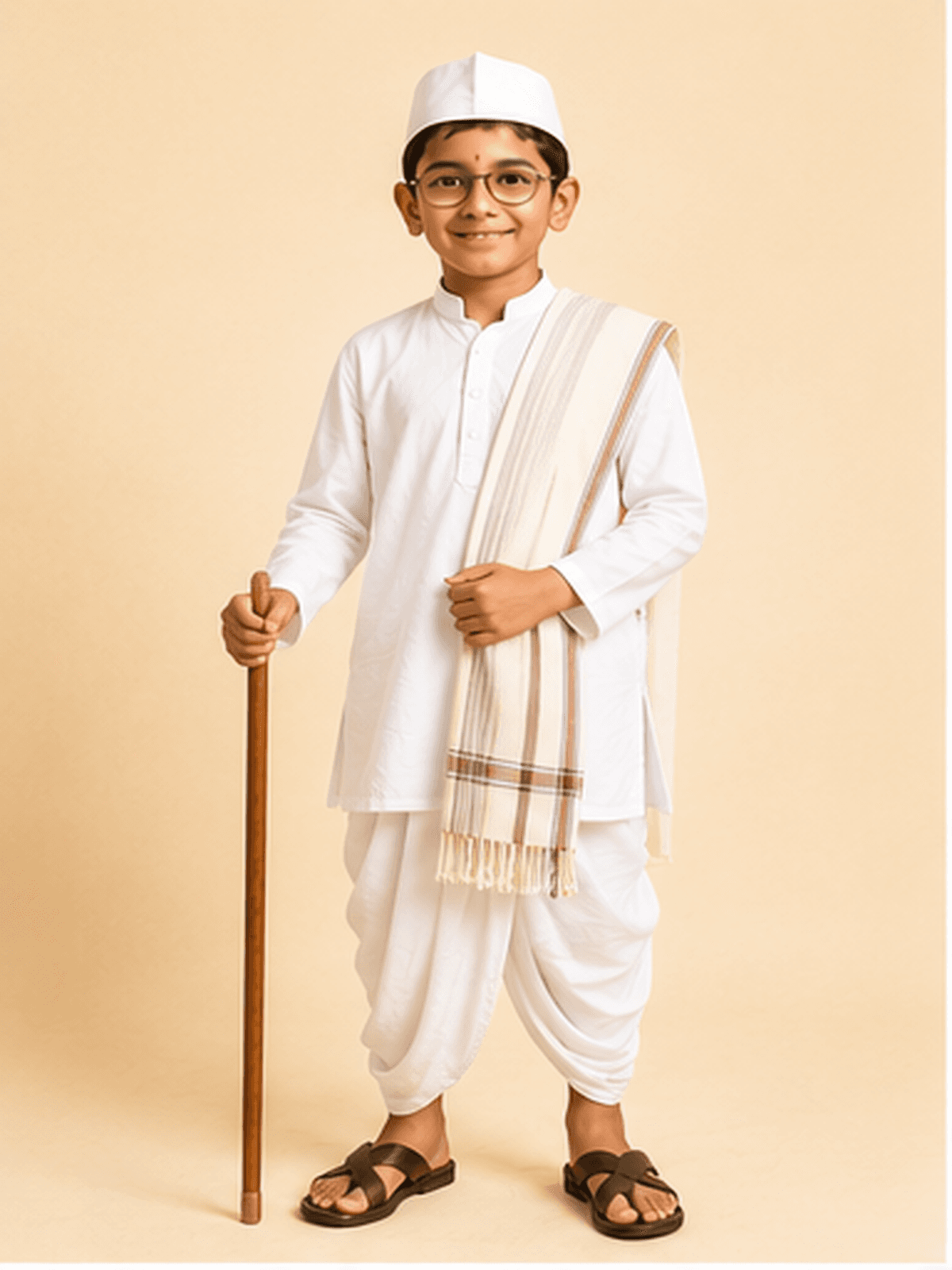 Boy in white khadi kurta and dhoti with a Gandhi cap, round spectacles, striped shawl and walking stick
