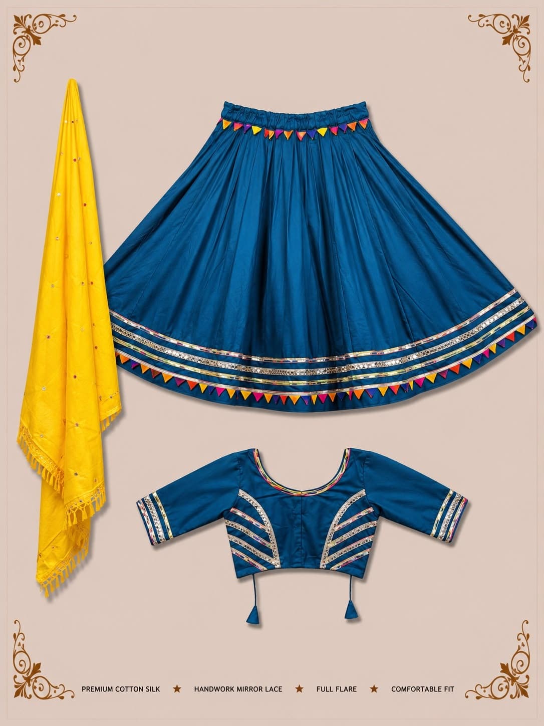 Teal-blue skirt with mirror-lace stripes and a hem of coloured triangle flags, matching blouse and a yellow mirror-dotted dupatta