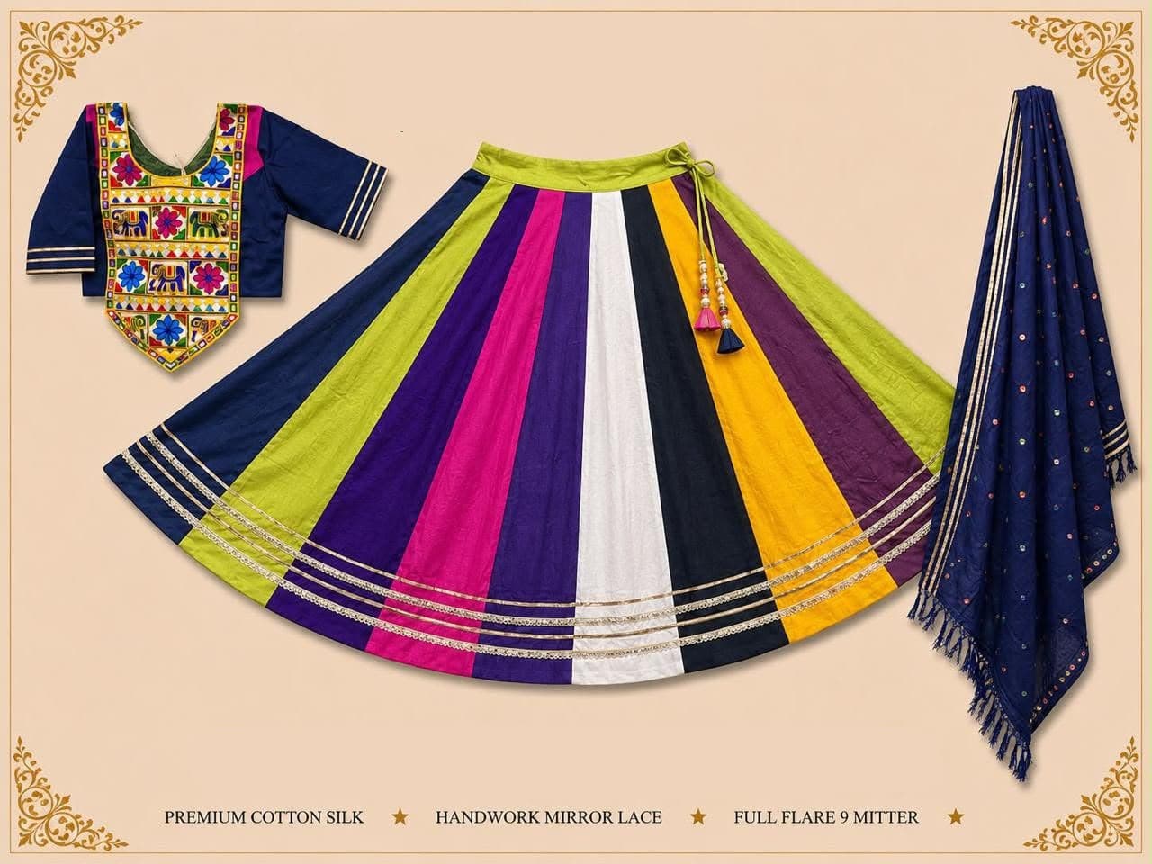 Skirt of multicolour vertical panels with gold gota bands, navy blouse with an embroidered kutchi yoke and a navy mirror-dot dupatta