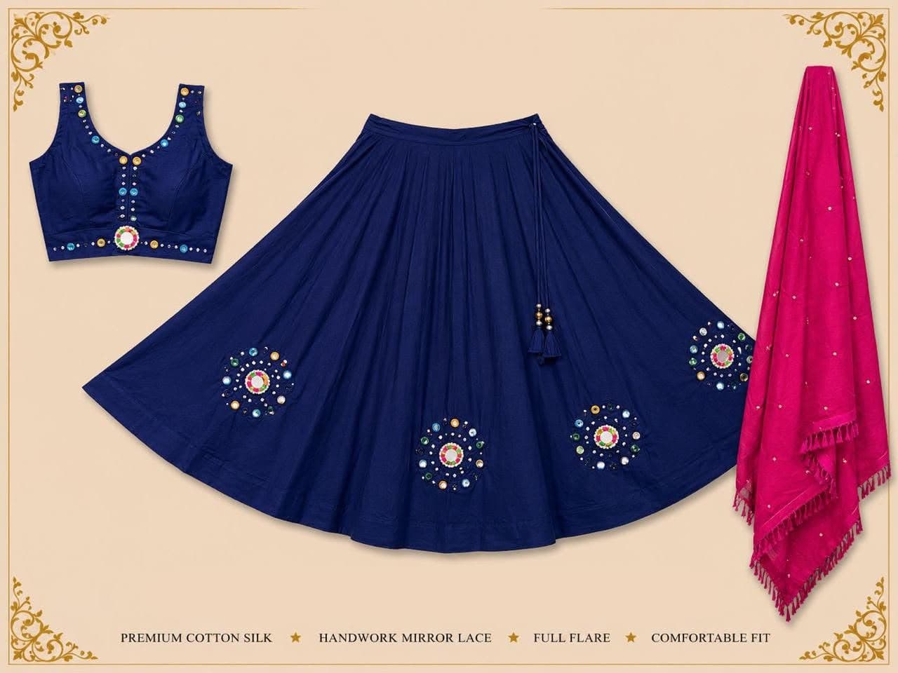 Navy flared skirt with mirror-work mandalas, sleeveless navy mirror blouse and a hot-pink dupatta