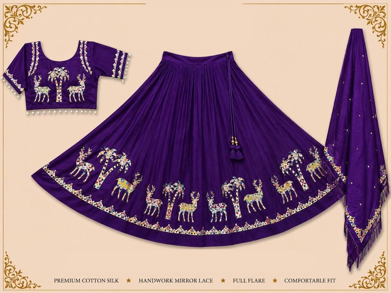 Purple skirt with a border of mirror-work deer and palm trees, matching blouse with a pearl edge and a purple fringed dupatta