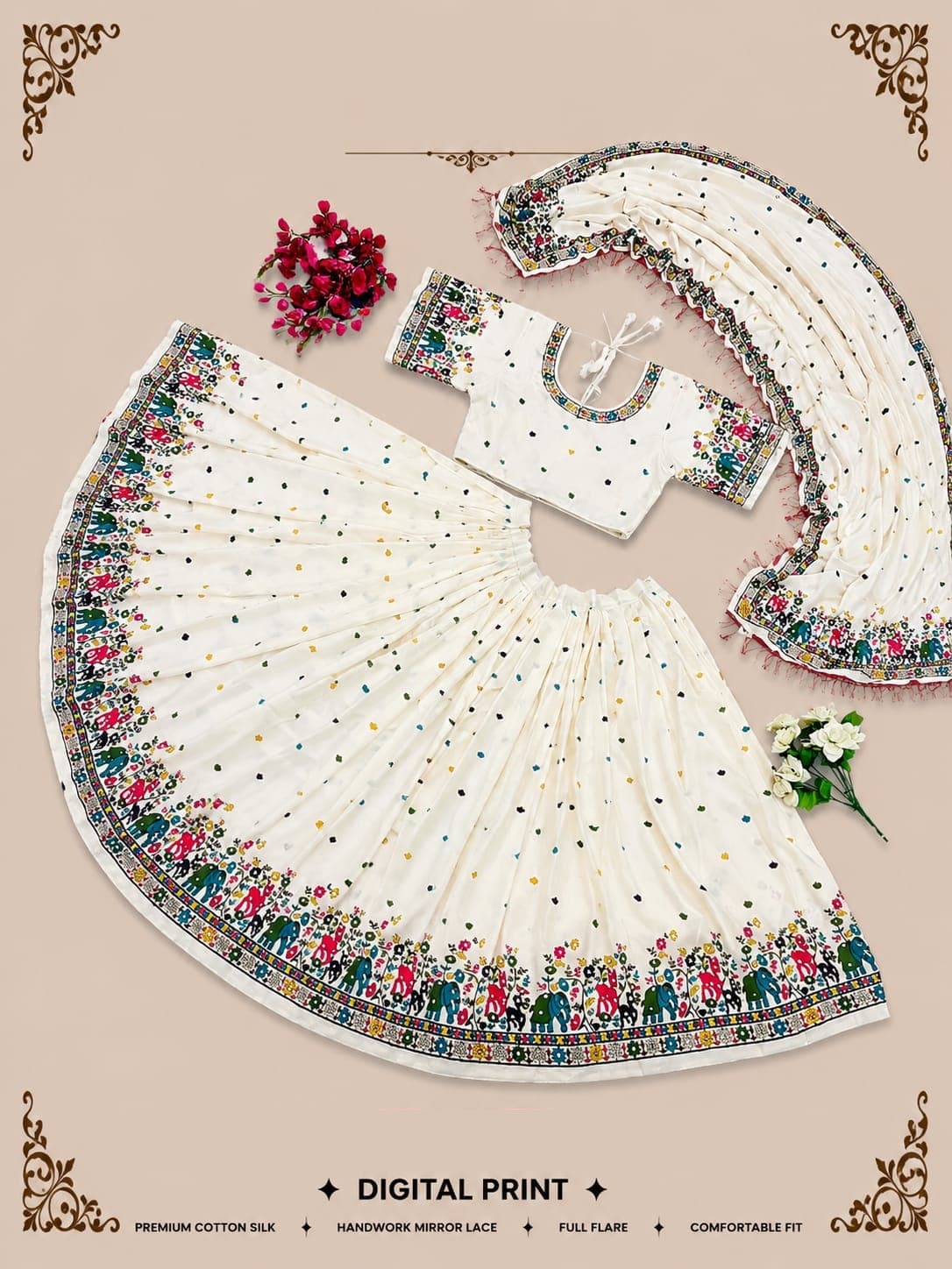 Off-white digital-print skirt with an elephant and floral border, matching blouse and dupatta