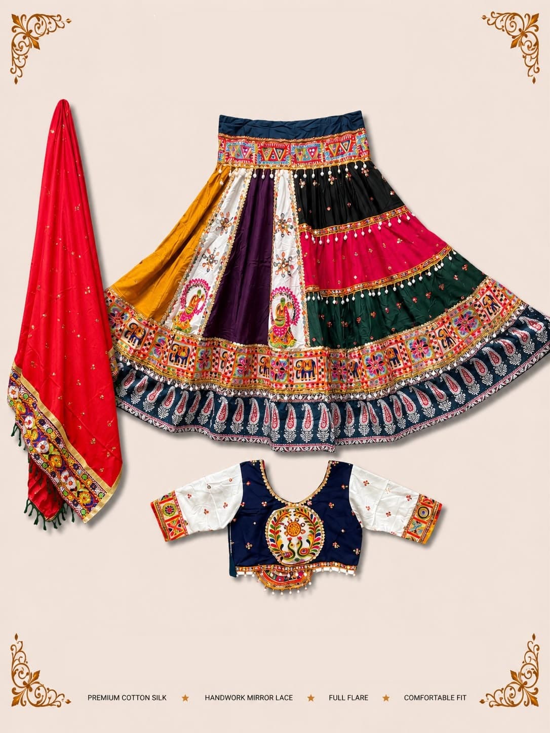 Multicolour panelled skirt with dancer motifs, an elephant band and paisley hem, navy and white embroidered blouse and a red dupatta
