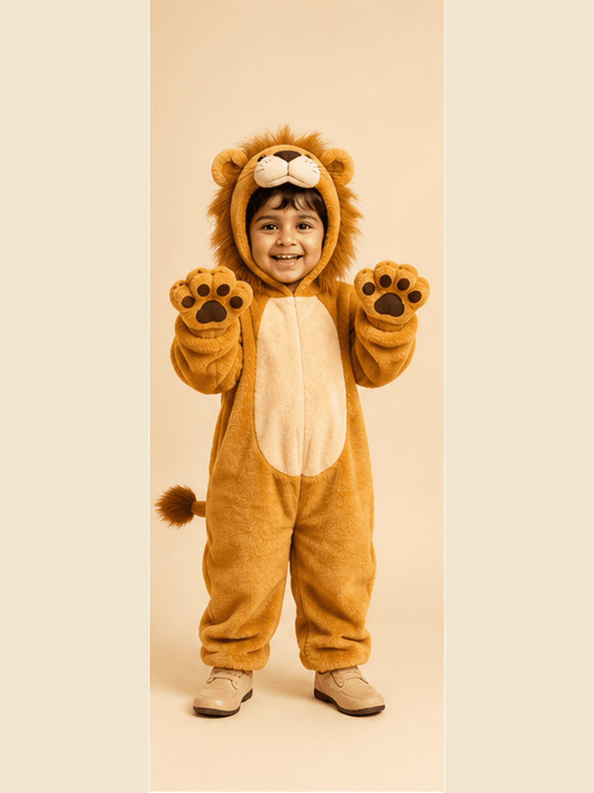 Young child in a plush golden-brown lion onesie with a mane hood, paw mittens and tail