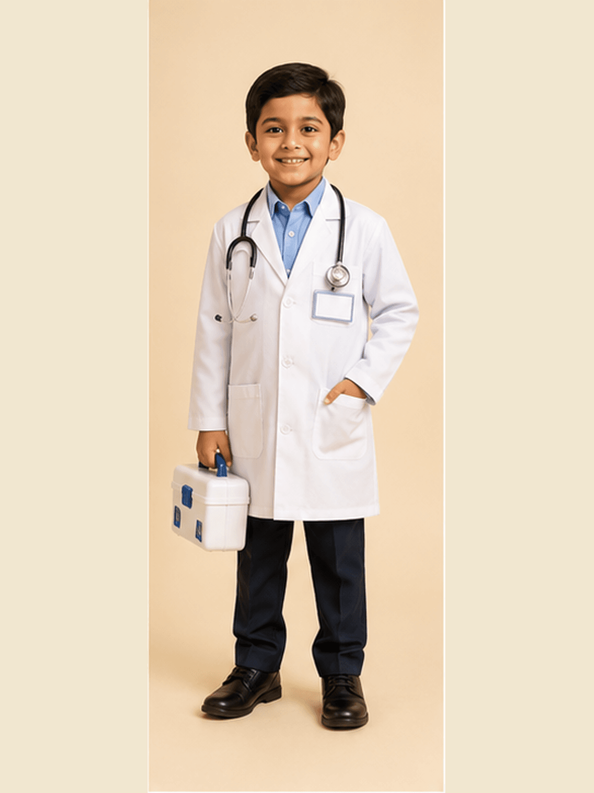 Boy in a white doctor coat over a blue shirt, stethoscope around the neck, holding a toy medical kit