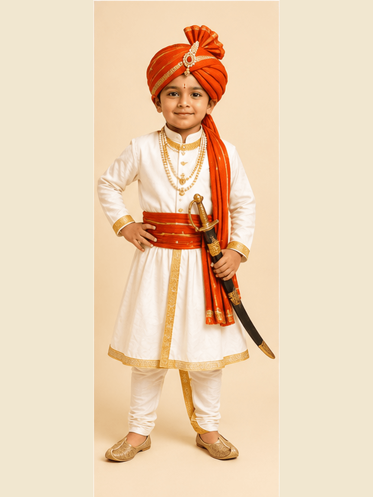 Boy in Maratha warrior dress — saffron pagdi with jewelled brooch, white angarkha, red sash and prop sword