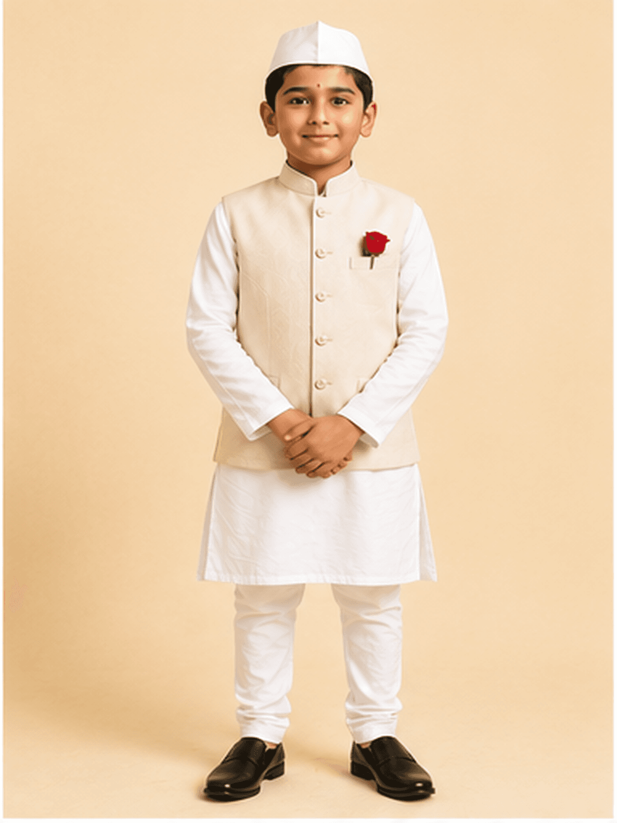 Boy in a cream Nehru jacket over a white kurta churidar, white cap and a red rose in the buttonhole