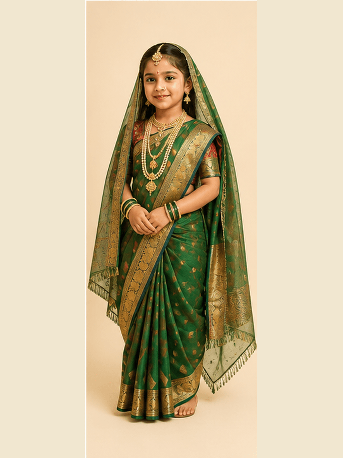 Girl in an emerald-green gold-bordered paithani drape with veil, maang tikka and pearl jewellery