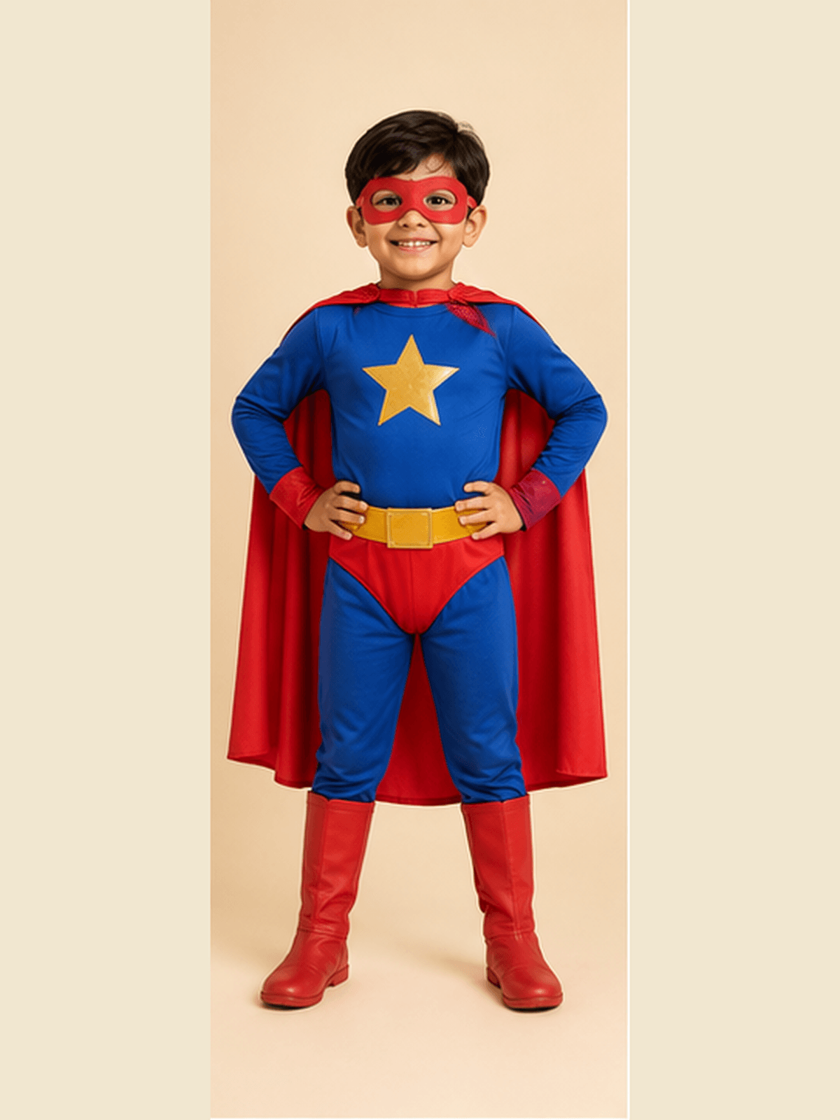Boy in a blue and red superhero costume with a gold star emblem, red cape, belt, boots and eye mask